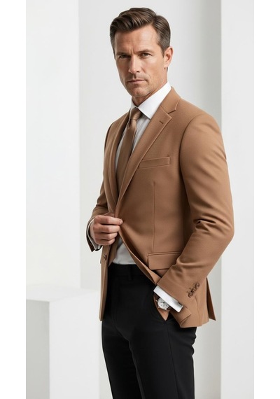 Plus Scorpion Slim Fit Pike Dokuma Erkek Blazer Ceket Modern Şık Günlük Kombin Taba