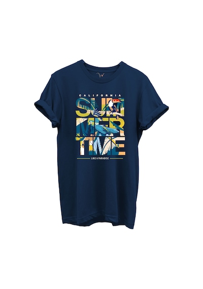 California Summertime Ve Tropikal Papağan Ve Palmiye Desenli %100 Pamuk Regular Fit Unisex T-shirt Lacivert