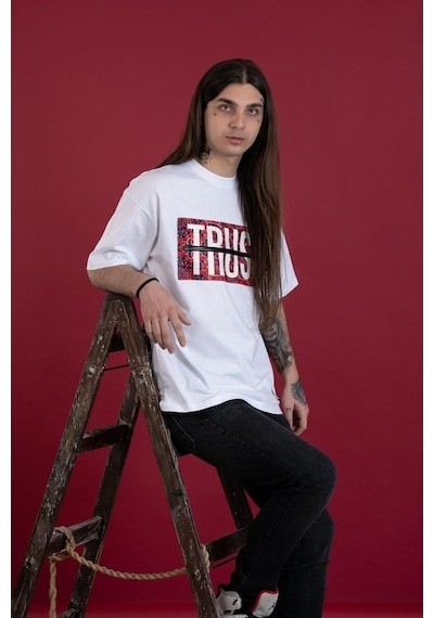 Oversize Bisiklet Yaka Baskılı Erkek Penye T-Shirt