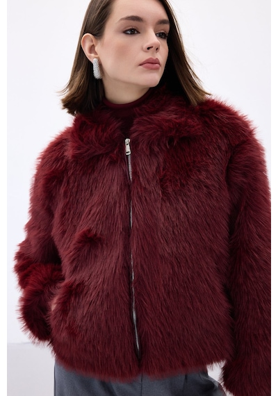 Sateen Fermuarlı Kürk - Bordo-136673 Bordo