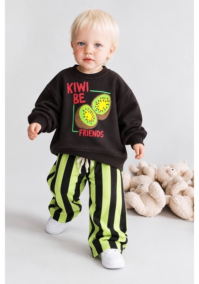 Kiwi Best Friends Baskılı Sweatshirt Ve Çizgili Eşofman Altı Unisex Alt Üst Takım Siyah