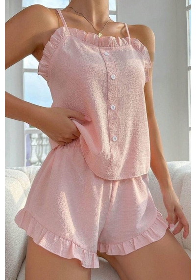 Bella Notte Toz Pembe Süs Düğmeli Fırfırlı Şortlu Pijama Takımı