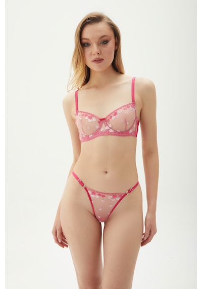 Arinda Dark Love Kırmızı Siyah Brode Çiçek Desenli Balenli Kapsız Sütyen Tanga Alt Üst İç Çamaşırı Takımı Fuşya - Pembe - Ten