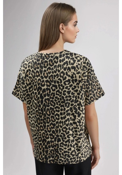 Hiccup Oversized Leopar Desenli Bisiklet Yaka Tişört Kahverengi