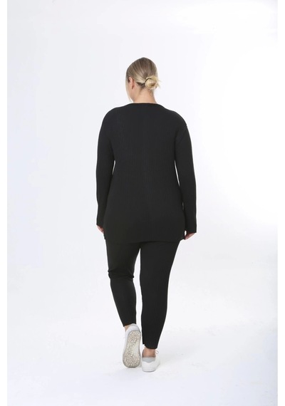 Modasehle Büyük Beden Uzun Kollu Yüksek Bel Beli Lastikli Yırtmaçlı Pijama Takım Siyah Uzunkol