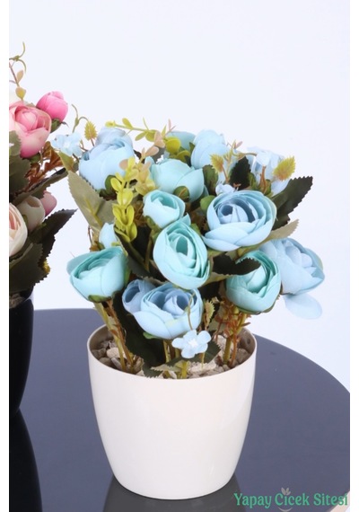 Yapay Çiçek Sitesi Plastik Saksıda Yapay Ranunkulus Tanzimi 2'li Set 30 Cm Pudra Pembe - Turkuaz