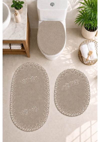 3lü Set Vizon Fransız Dantelli Lüks Banyo Paspası Kaymaz Tabanlı Çeyizlik Hediyelik Banyo Paspas Seti Beyaz