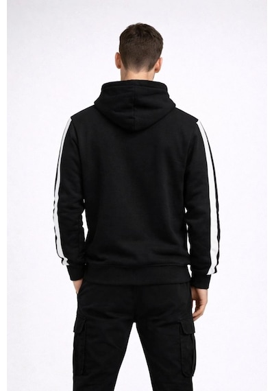 Erkek Şeritli Kapüşonlu Sweatshirt Oversize 3 İplik Pamuklu Hoodie - Siyah