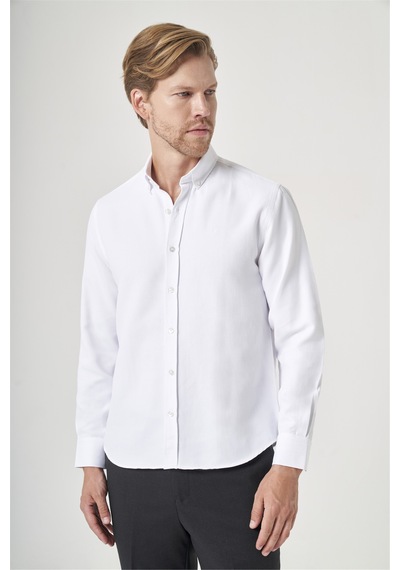 İmza Beyaz Düğmeli Yaka Uzun Kol Cepsiz Slim Fit Pamuklu Gömlek 1004260203