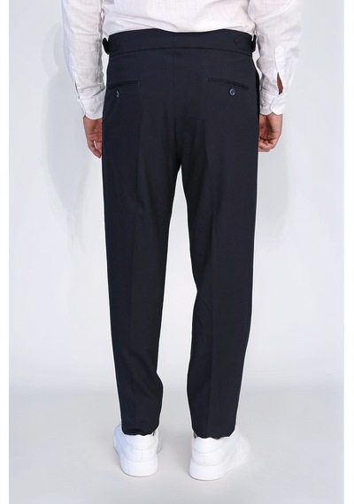 Lacivert Çift Pileli Tokalı Yüksek Bel Slim Fit Pantolon Wessi Lacivert