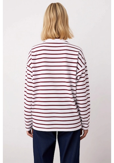 Benerly Kadın Bisiklet Yaka Düşük Kol Çizgili Örme Geniş Kesim Sweatshirt Ekru