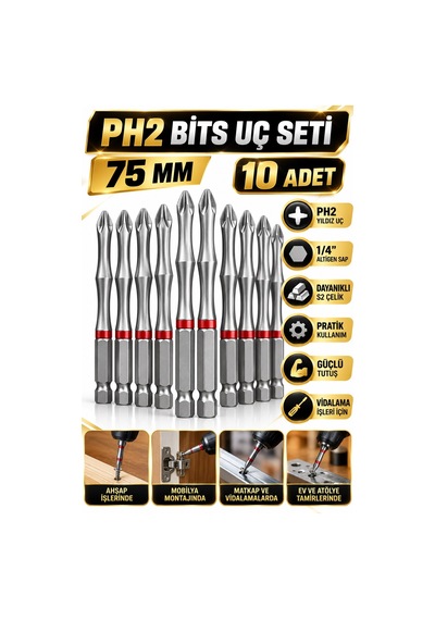 Ph2 Yıldız Bits Uç Seti 75 Mm 10 Adet S2 Çelik Kaymayı Azaltan Uç Yapılı Kutulu Vidalama Ucu