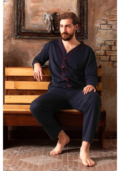 Sude Ercan Erkek Önden Düğmeli Uzun Kol İnce Pijama Takımı A301-843 - 1 Adet Lacivert