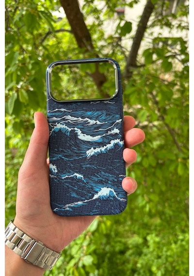 Apple iPhone Uyumlu 17 Pro Deniz Dalgası Desenli Soft Dokulu Karbon Fiber Magsafe Kılıf Mavi