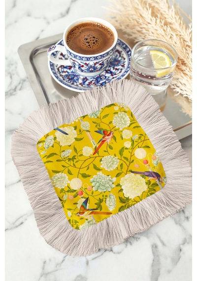 Çiçekli Kuşlu Saçaklı Sunum Peçetesi - Vintage Bahar Sarı Naturel Krem Bardak Altlığı Mendil Çok Renkli