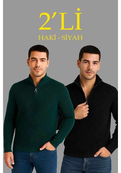 Novalisse Erkek Fitilli Triko Kazak 2 Li Set Siyah Haki Kalın Dokuma Pamuklu Regular Fit V Yaka Çoklu Renk