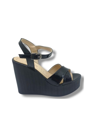 Selfie 4285-26 Rugan Çapraz Bant Yüksek Dolgu Taban Fashion Kadın Sandalet 11cm Siyah
