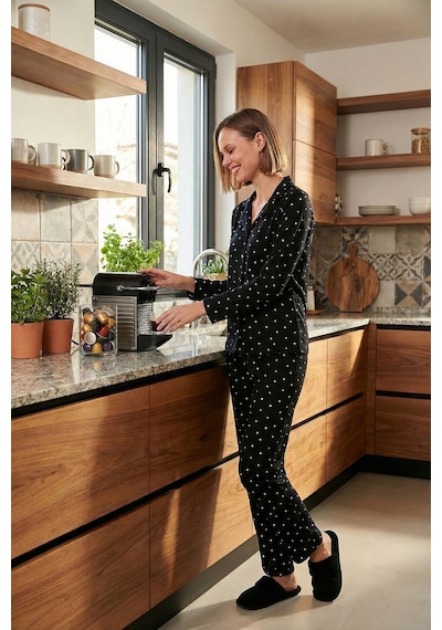 Lela Streç Standart Fit Düğmeli Bayan Pijama Takımı 60956601 Siyah
