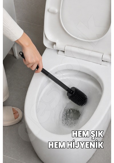 Silikon Klozet Ve Wc Fırçası - Paslanmaz Alüminyum Sap - Vidasız Duvar Askılı Güçlü Yapışkan Siyah