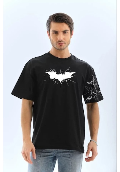 Yake Store Unisex Ön Ve Kol Baskılı Oversize T-shirt - Siyah - Siyah