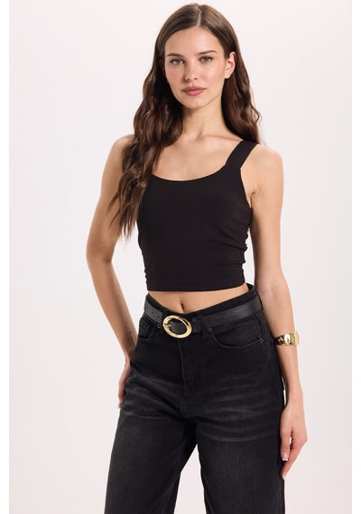 Tudors Kadın Slim Fit Dar Kesim Likralı Siyah Crop Atlet -50611