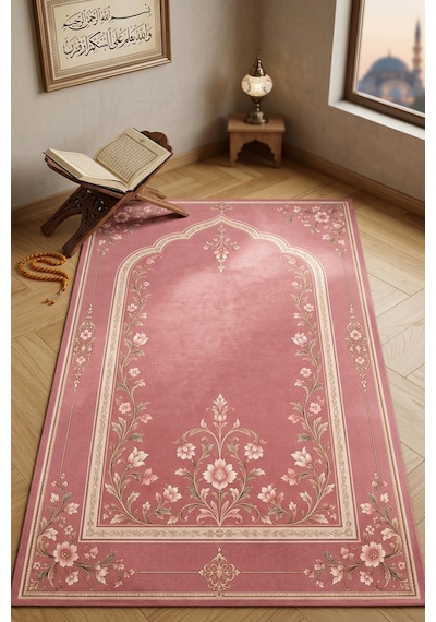Pembe Klasik Desenli Dijital Baskı Seccade Geleneksel Motifli Namaz Seccadesi