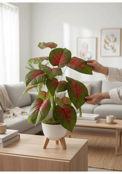 Yapay Çiçek Salon Bitkisi Kızıl Difenbahya 70cm 18 Yaprak Beyaz Zigon Saksıda Yeşil