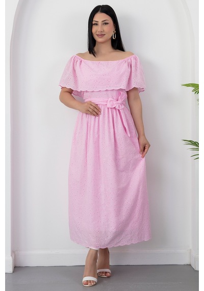 Kalopya Madonna Yaka Kemerli Brode Elbise 2026-4643 Pembe