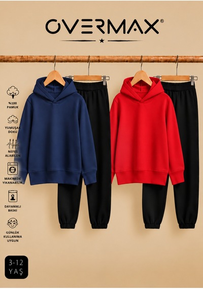 Overmax 2 Li Çocuk Kapüşonlu Eşofman Takımı Sweatshirt & Eşofman Altı 3-12 Yaş Lacivert-siyah, Kırmızı-siyah - 919953561 Lacivert-siyah, Kırmızı-siyah