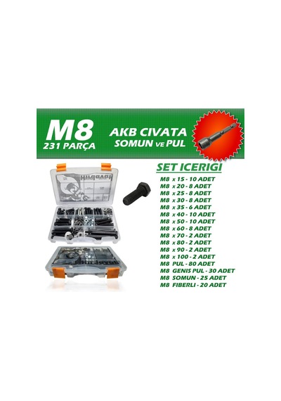 231 Parça M8 Akb Civata Seti + 13 Somun Adaptörü