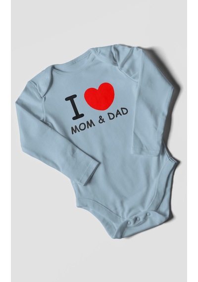 I Love Mom And Dad Baskılı Bebek Zıbını Çıtçıtlı Body %100 Pamuk Uzun Kol Bebe Mavisi
