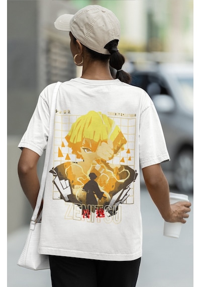 Zenitsu Agatsuma Sırt Baskılı Unisex Oversize Anime Tişört Beyaz