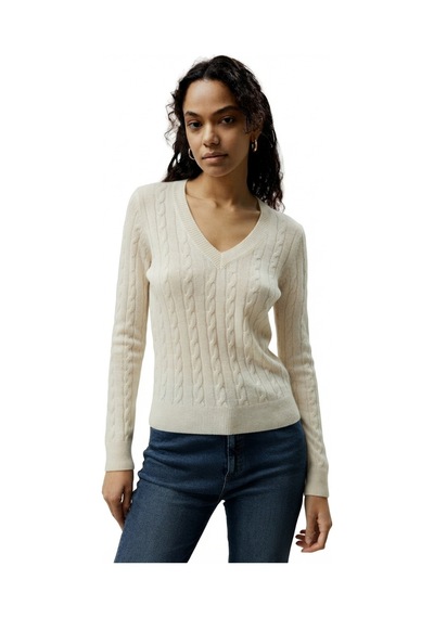 Youknitwear You Rio V Yaka %100 Pamukkadın Kazak Ekru