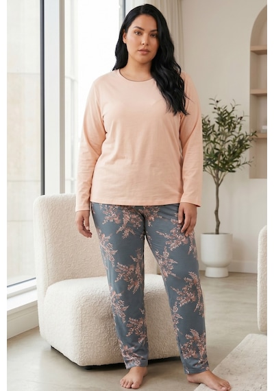 Siyah İnci Pamuklu Likralı Büyük Beden Battal Boy Örme Pijama Takım26240943 Somon