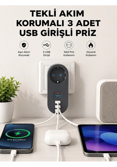 Hubrendy Tekno Isıya Dayanıklı 3 Usb Portlu Güvenlikli Priz Akıllı Enerji Yönetimi 0