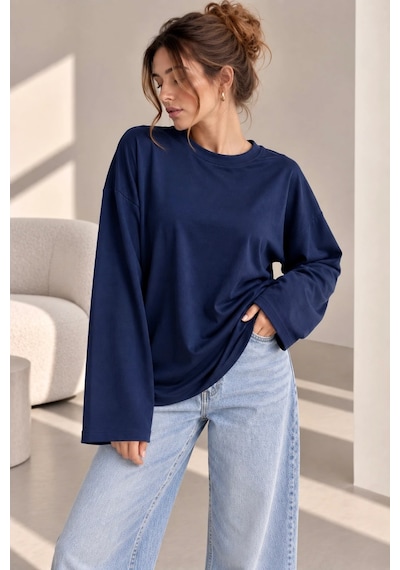 Bb Butik Basic Kadın Modal Oversize Bisiklet Yaka Sweatshirt Zg3535 Lacivert