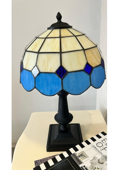 Yüceeller El Yapımı Vitray Retro Barok Abajur Masa Lambası Mavi