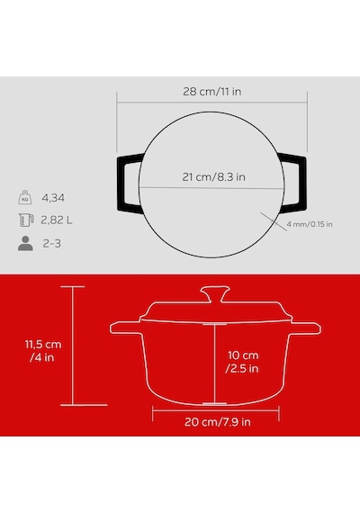 Metal Döküm Yuvarlak Tencere, 20 Cm, Kırmızı