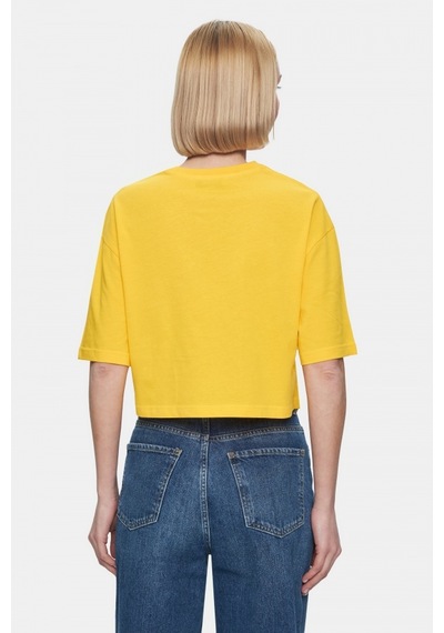 Indıana Sarı Bisiklet Yaka Crop Baskılı Loose Fit Kadın Tshirt Sarı