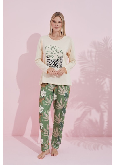 Siyah İnci Pamuklu Örme Pijama Takım 24240175 Krem