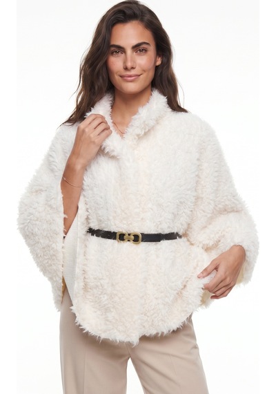 Onloox Kadın Beyaz Beyaz Yumuşak Dokulu Polyester Kumaş Kemer Detaylı Peluş Panço