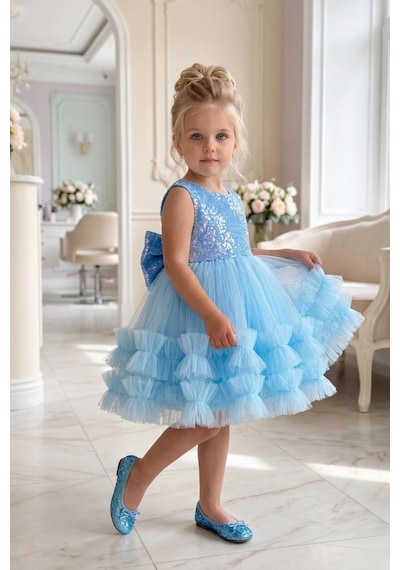 Butik Happy Kids Kız Çocuk Turkuaz Payetli Volanlı Tüllü Prenses Abiye Elbise 1-6 Yaş