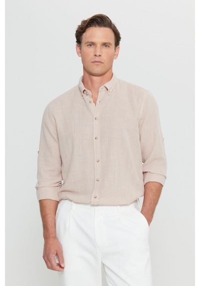AC&Co / Altınyıldız Classics Erkek Bej %100 Pamuk Flamlı Slim Fit Dar Kesim Düğmeli Yaka Armürlü Gömlek Bej AC&Co / Altınyıldız Classics Erkek Bej %100 Pamuk Flamlı Slim Fit Dar Kesim Düğmeli Yaka Armürlü Gömlek Bej
