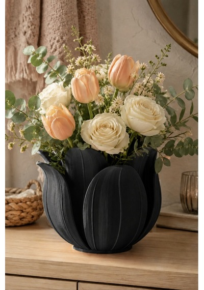 3d Baskı Lotus Yapraklı Vazo - Dekoratif Çiçeklik-siyah Çok Renkli