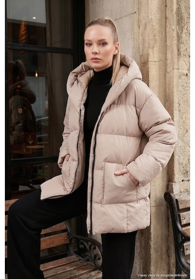 Lela Oversize Fit Kapüşonlu Şişme Bayan Mont 640Y047 Taş