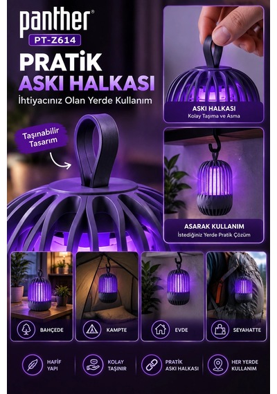 Panther Sb Şarjlı Sivrisinek Öldürücü Lamba Mor Işıklı, Askı Halkalı, Kompakt Ve Taşınabilir Tasar