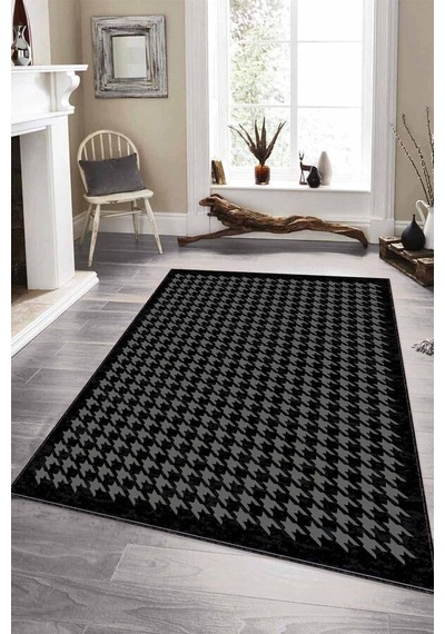Siyah Kazayağı Kaymaz Taban Makinede Yıkanabilir Halı Rv178n11