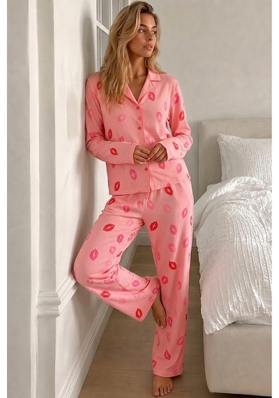Fit Women Kadın Gömlek Yaka Uzun Kollu Pembe Pijama Takımı