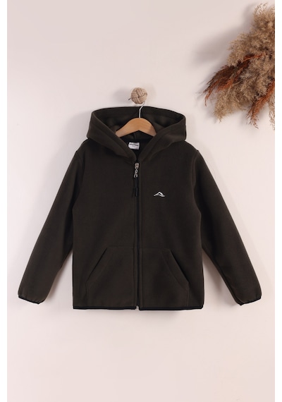 Monox Lastik Manşetli Fermuarlı Kapüşonlu Çocuk Unisex Polar Ceket Haki