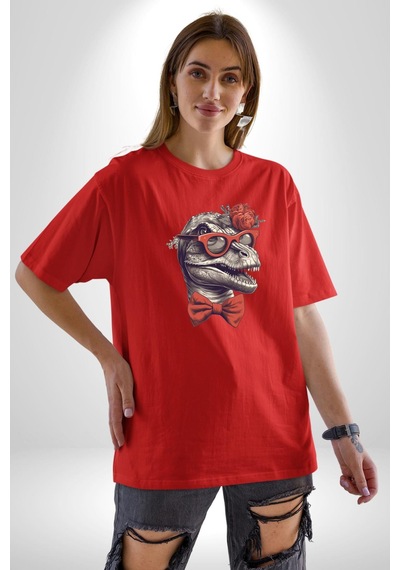 Kırmızı Gözlük Papyon Dinazor Pamuklu Bisiklet Yaka Unisex Oversize Boyfriend Dijital Baskılı Kırmızı T-shirt Kırmızı